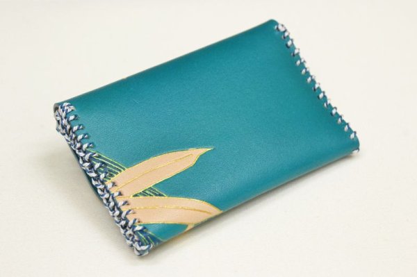 Hand-Painted Yuzen Leather Card Holder — Sasa (Blue)