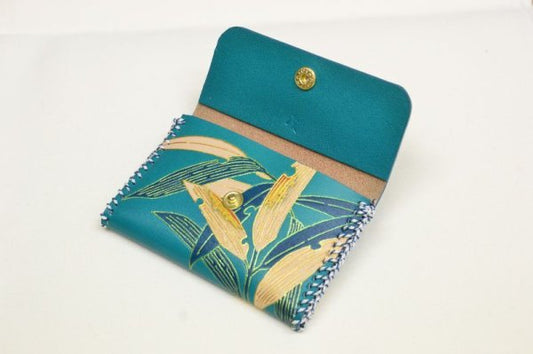 Hand-Painted Yuzen Leather Card Holder — Sasa (Blue)